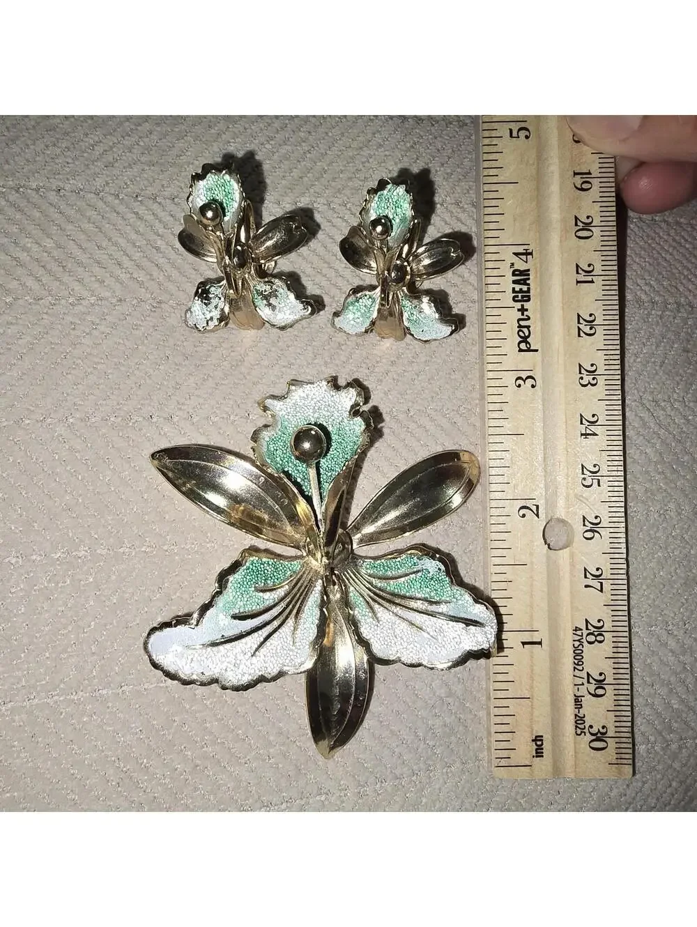 Vintage 1960s Sugar Enamel Orchid Brooch Pin & Earring Set Gold Tone Mid Century